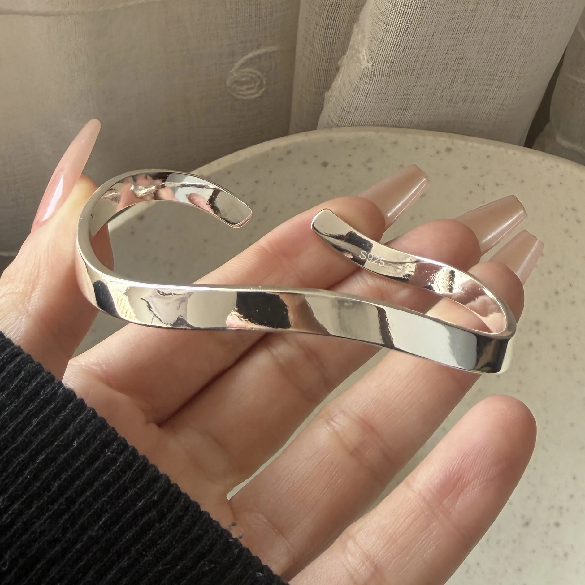 100%Solid925SterlingSilverRetroBraceletforWomenGeometricHandmadeWavedShapeSimpleBraceletBirthdayGift-AliExpress