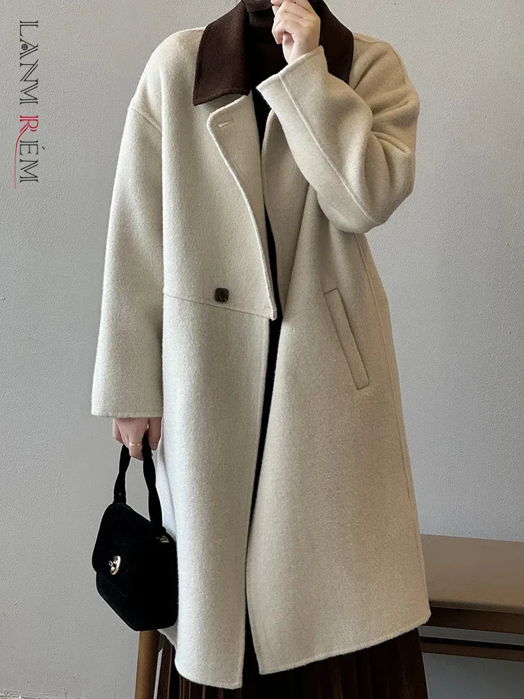 

[LANMREM] Vintage Contrast Color Wool Coats For Women 2023 Winter New Lapel Double Breasted Warm Fashion Outwear 26D6874