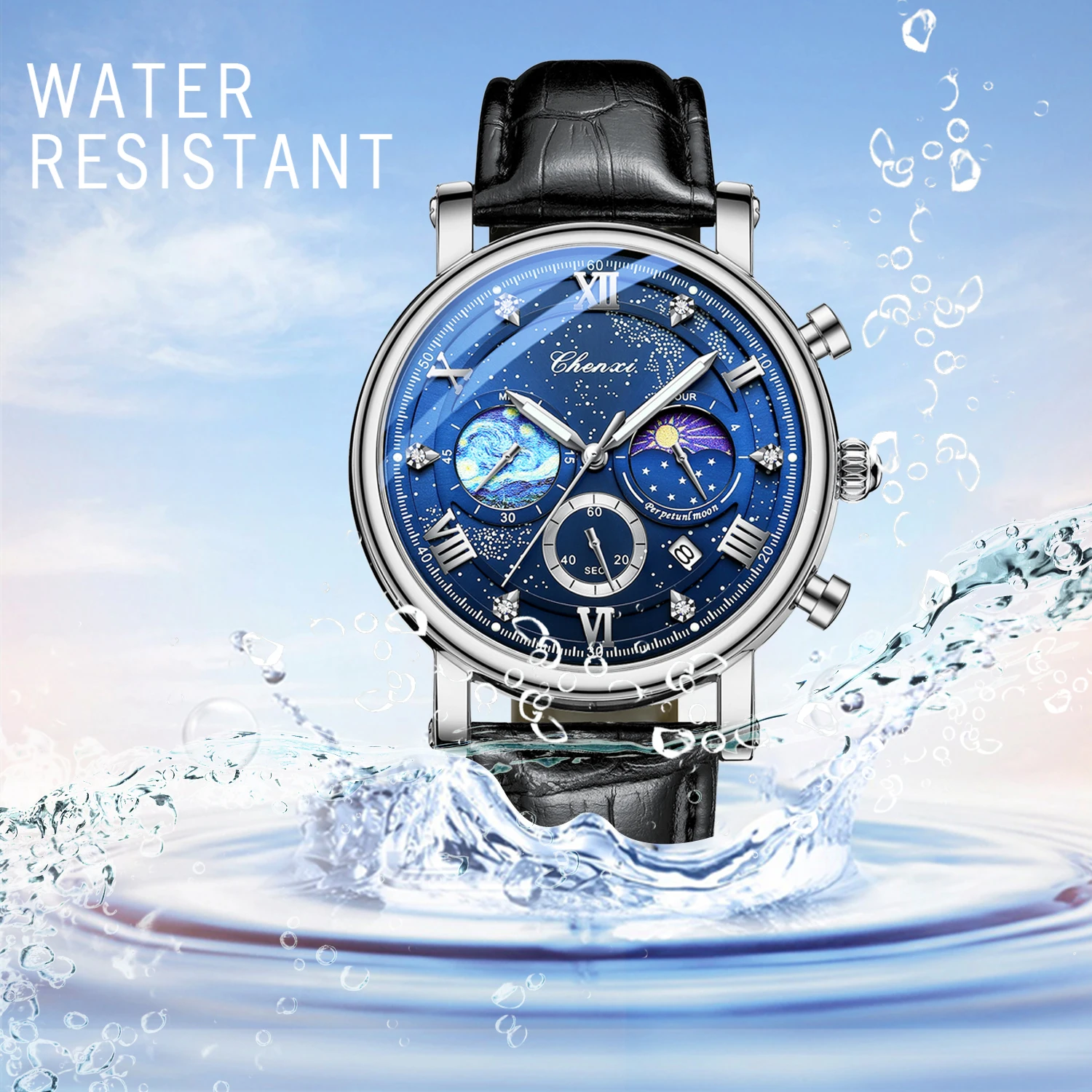 Men's quartz watch Leather strap waterproof watch Van Gogh Starry Sky decorated dial Chronograph Stopwatch Calendar available