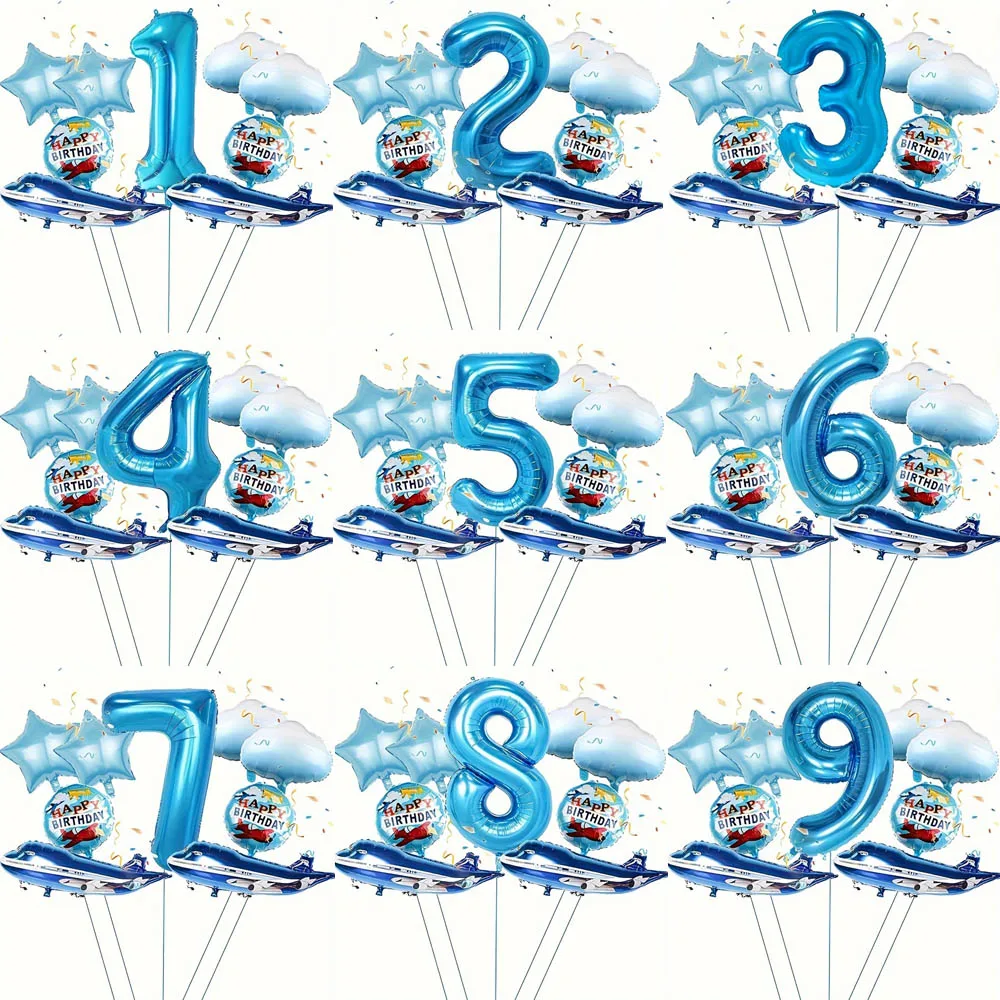 9-teiliges Flugzeugballon-Set mit 32 Zoll großen blauen Zahlenfolienballons (1-9) für Kinder, Piloten-Thema, Jungen, Flugzeug-Geburtstagsparty-Dekoration