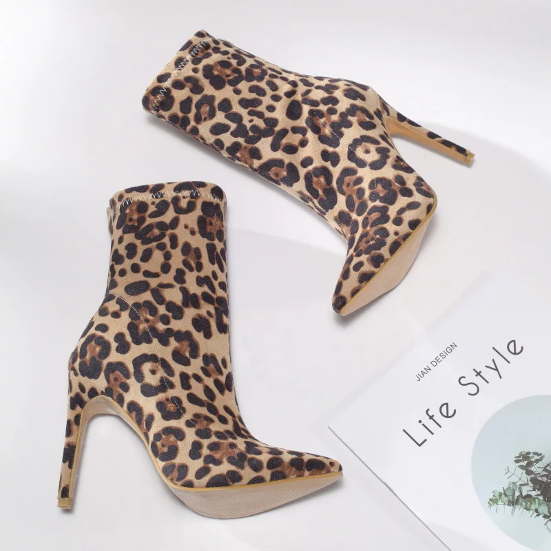 Europe 2022 New Leopard Print Women Ankle Boots Elements Pointed Socks Women's Boots Sexy Stiletto Suede Plus Size Women's Boot