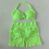 NO LOGO 2PCS Gym Set Women Strappy Yoga Bra Top High Waist Workout Scrunch Shorts Sports Suit Seamless Yoga Set Fitness Clothes - Image 6