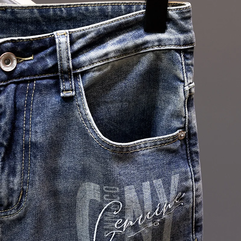 2024Summer thin denim shorts men's fashionable printed casual all-match elastic soft fashionable high-end scratch cropped pants