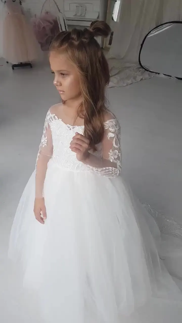 PLWEDDING Kanten jurk met lange mouwen, bloemenmeisjesjurk, prinsessenjurk, tule, jurk voor kinderen, eerste communie, jurken, champagne, 8-9 Jaar