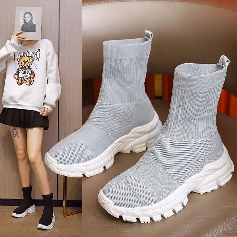 Spring Autumn Sneakers Women Thick Bottom Mesh Breathable High-top Socks Sneakers Woman Fashion Ladies Platform Shoes Sneakers