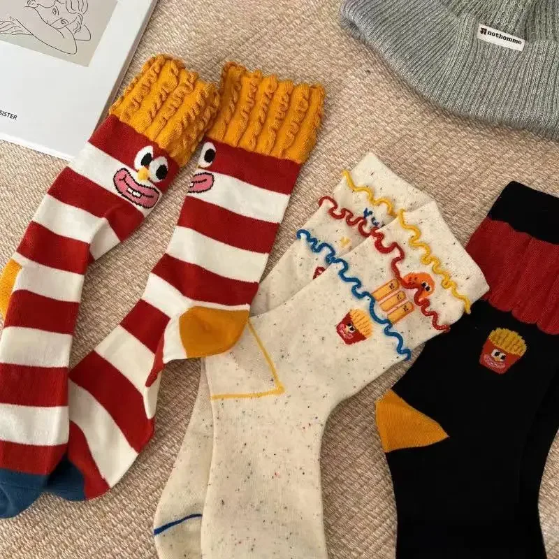 

Fashion Hamburg French Fries Mid Tube Socks Women Funny Cute Striped Cartoon Graffiti Socks Cotton Harajuku Sweet Socks