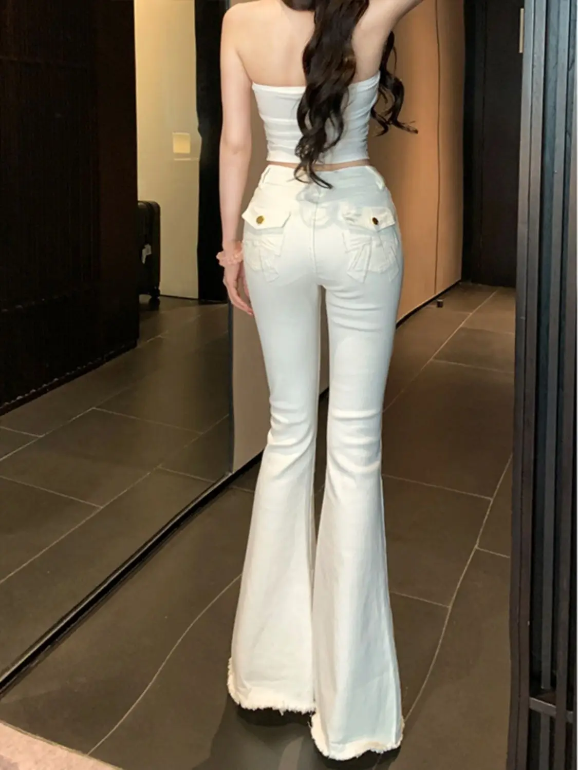 Slim Fit High Waist Bell Bot Denim Jeans Women's Spring 2025 New Sle  Knot Wide Leg Pants Casual Waed Pure Color