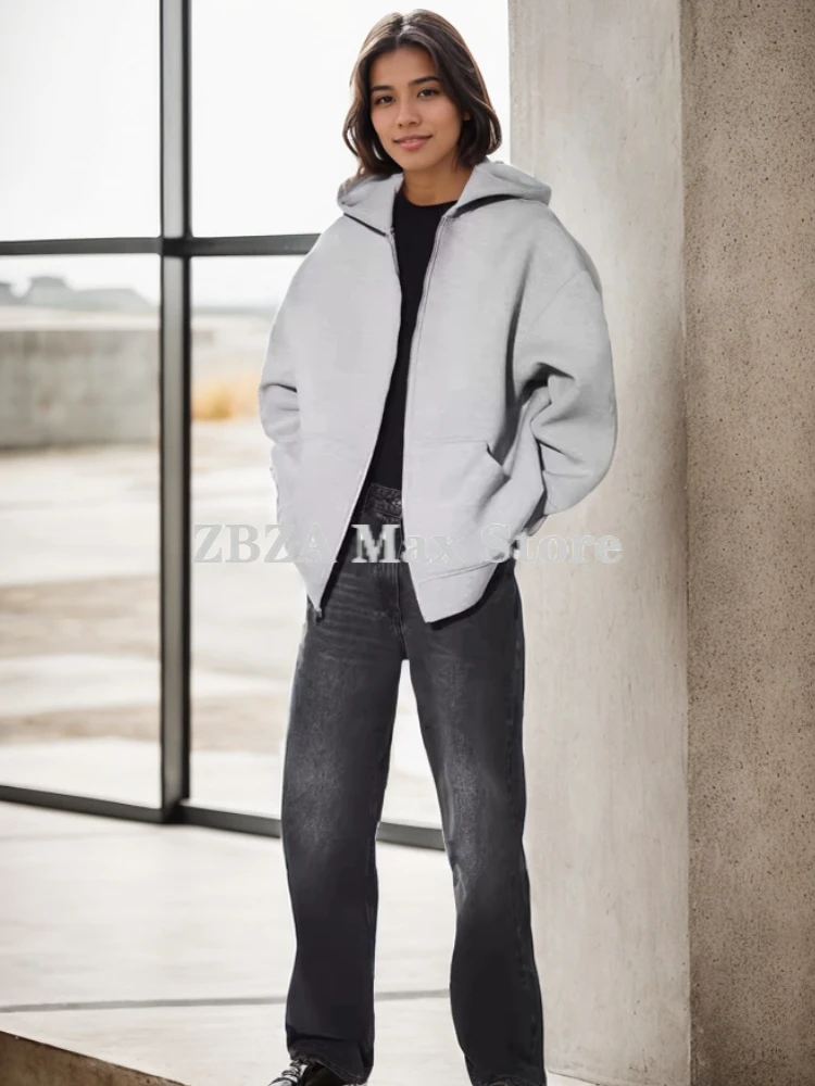 ZBZA Mujeres Chaqueta con capucha suelta Cremallera de manga larga