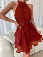 Women's Red Mini Dress Vestidos 2025 Summer Fashion Sexy Style Halter Sleeveless Ruffle Edge Tied Woman Dresses Women Sundress