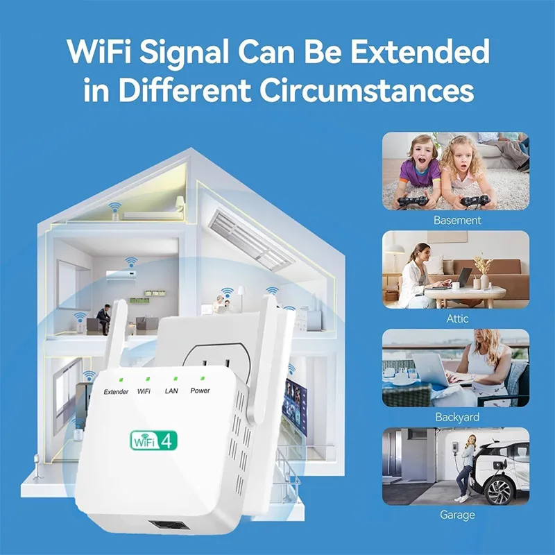 이더넷 포트가 있는 인터넷 부스터, 빠른 설정 홈 무선 신호 증폭기 WiFi 확장기/리피터, 4500 평방피트(약 418m²) 면적, 60개 기기 지원