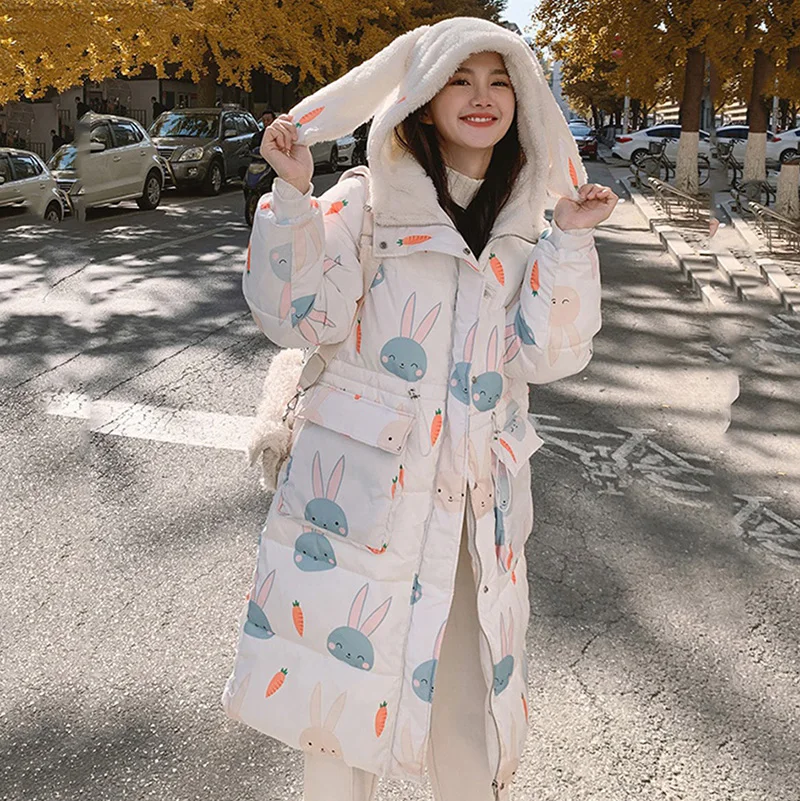 Women\'s Winter Coat White Duck Down Material Hooded Cute Rabbit Ears Thickened Quality Long Loose Fashion Casual Jacket Female