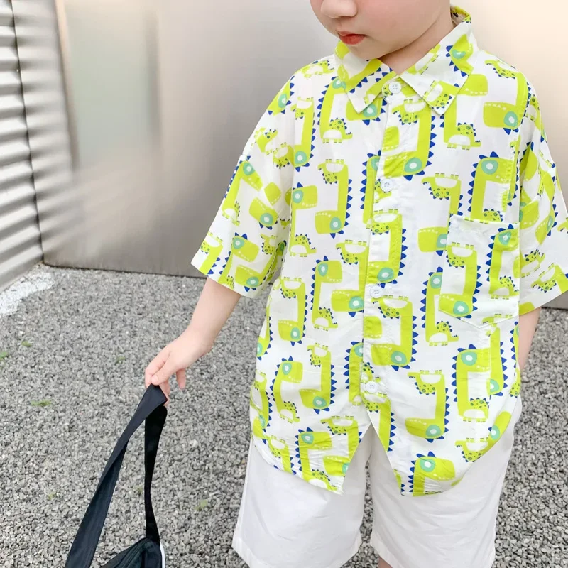 Loose Fit Summer Children's Casual Short Sleeve Shirt Cartoon Print Lyocell Cotton Boys' Shirt Comfortable Breathable Top