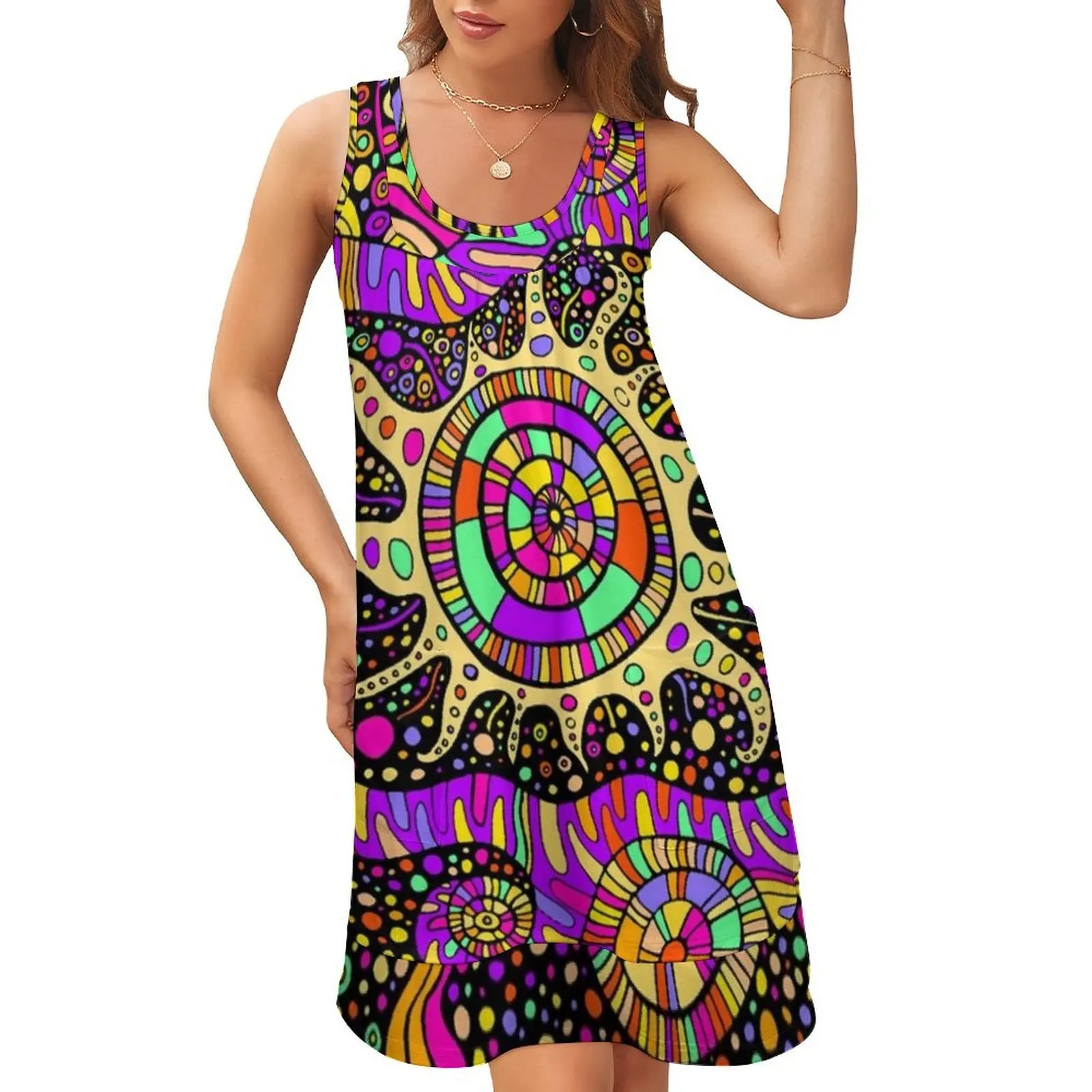 

Trippy UV Rave Tentacles Black Light Trip Sleeveless U-Neck Fake Two Piece Dress long dress women summer Women's dress