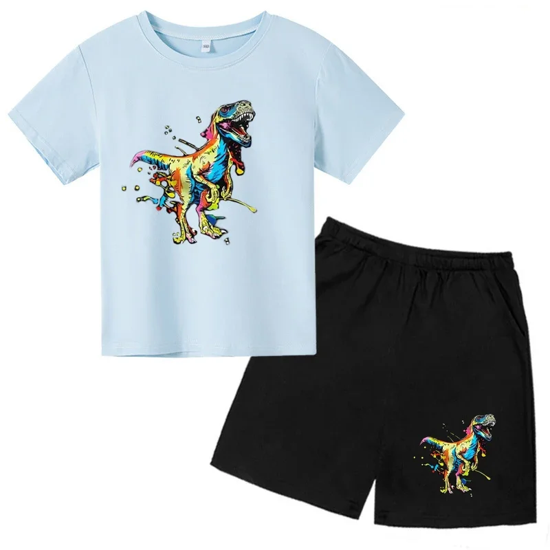 thumbnail image 1 of 2024 Nuevo traje de camiseta con estampado de grafiti para niños, diseño de dinosaurio, camiseta estampada + pantalones cortos, 2 piezas, conjunto de moda para niños y niñas, 1 of 4