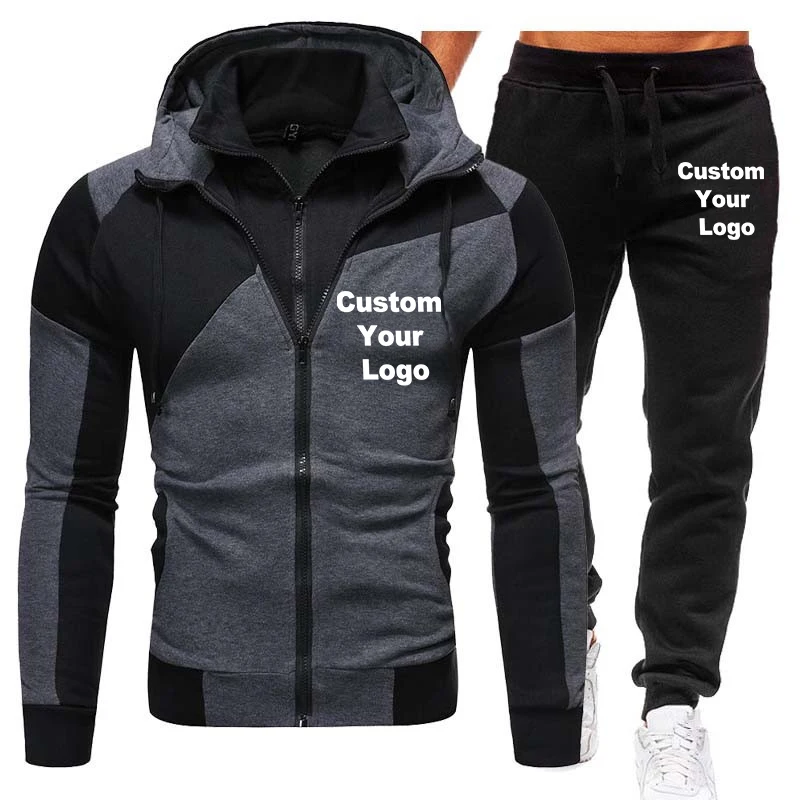 New Custom Logo Spring Autumn Men's Set Sport Suit Male Velour Thick Hoodies+ Pants Sweatshirt Sportswear Tracksuit for Men