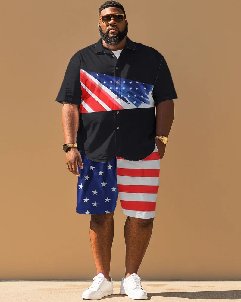 Biggmans Plus Size L-9Xl Plus Size Men's Clothing Independence Day Flag Car Printed Short Sleeve Shirt Shorts Suit Set