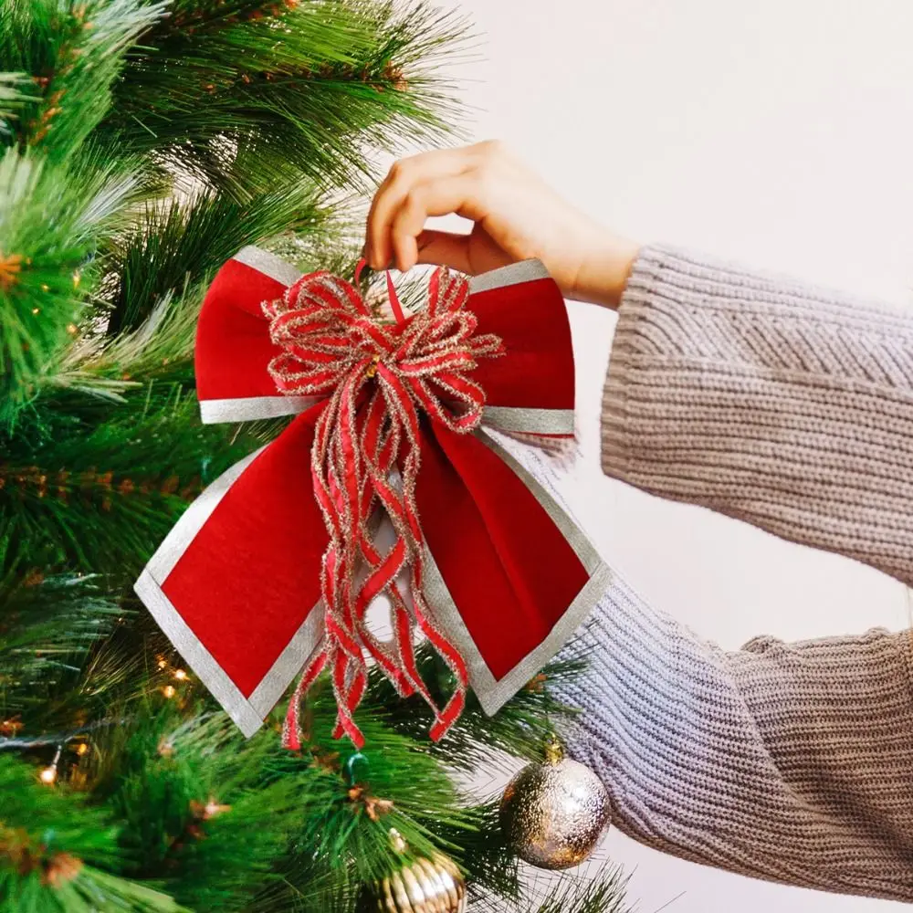 Themed Party Favor Sparkling Christmas Bow Pendant with Ribbon DIY Wreath Decorative Bow Flocked Xmas Hanging Ornaments Navidad