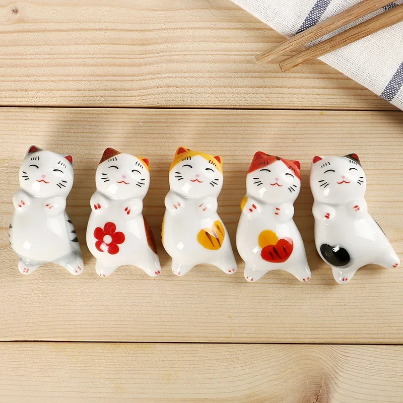 5 Pezzi Porta Bacchette in Ceramica Per Gatti, Ornamenti Per Gatti in Stile Giapponese, Mini Figure di Gatti in Ceramica Per La Cucina Domestica