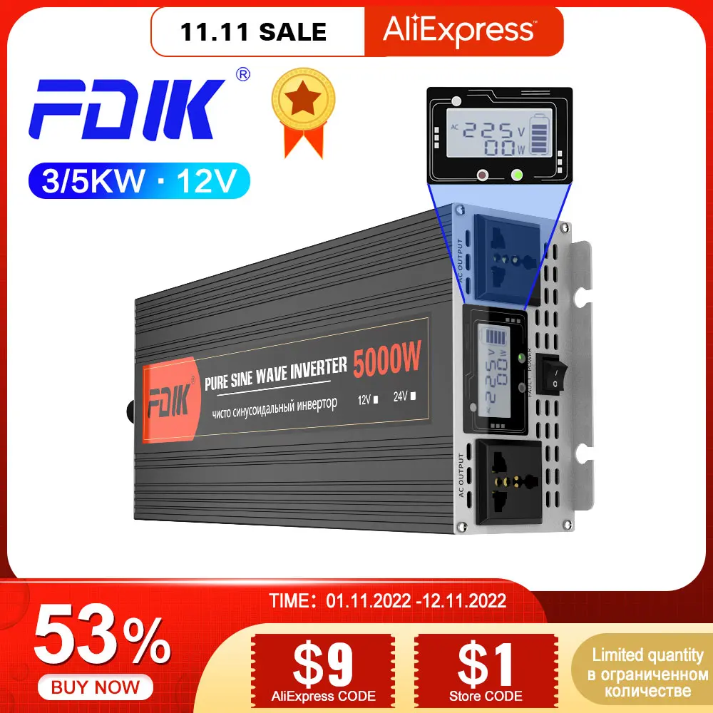  FDIK Pure Sine Wave Inverter 12V 220V 3000W  5000W DC 12V To AC 220V For Car Truck RV Boat Home Digital Display/LCD Screen 