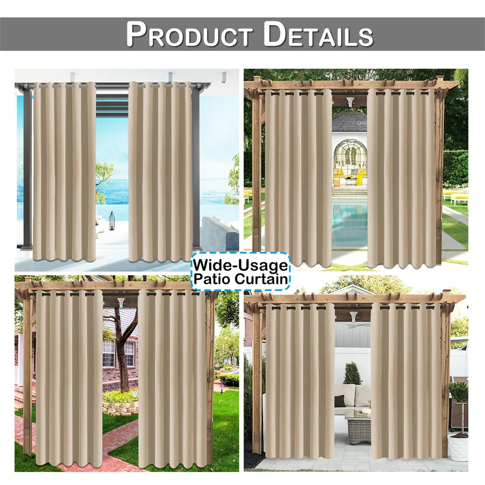 180cm Wide Large Patio Pergola Blackout Curtains Outdoor Waterproof Windproof Window Drapes Home Thermal Insulated Curtain Decor