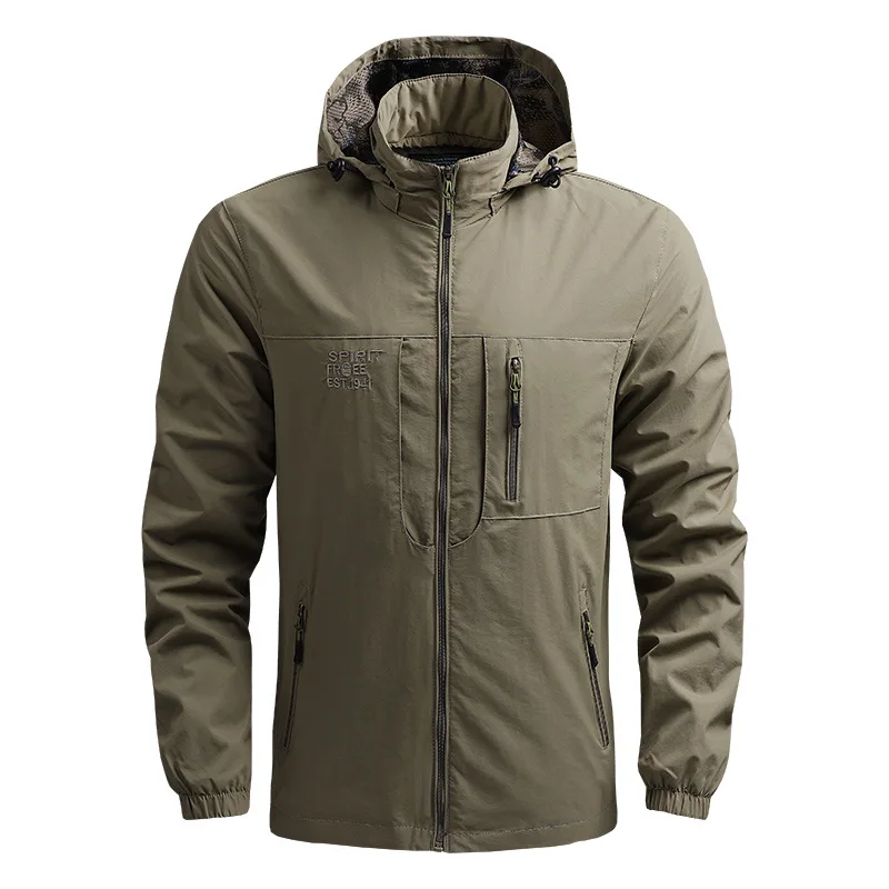 2024 Men's Jacket Summer Windproof Solid Color Multi Pocket Mountaineering Hunting Tactical Coat Fashion Versatile windbreaker