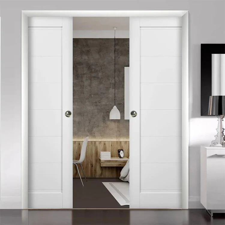 Soundproof solid wood white hidden sliding door double pocket door