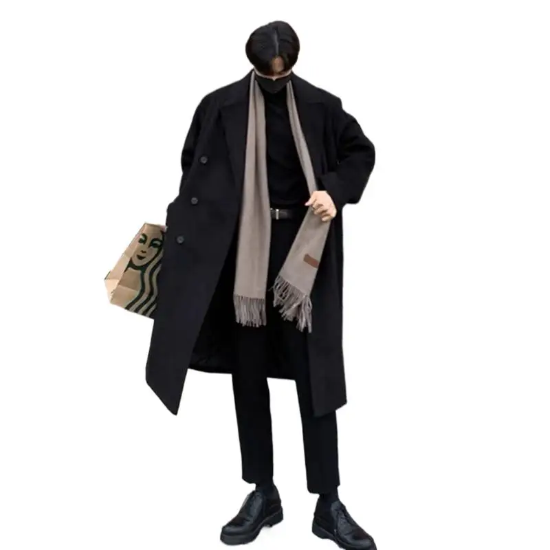 Winter Men Trench Black Thick Woolen Trench Coats Korean Style