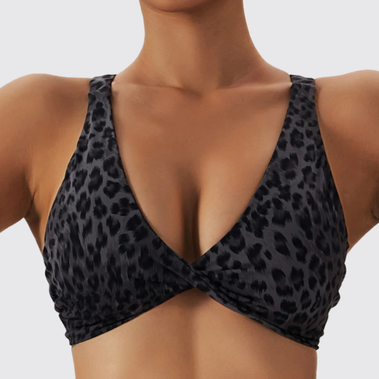 Sports bralette top - Black with leopard print silicone straps - Stylish  activewear bra top for yoga, pilates, spinning, and low-impact sports - LPRD
