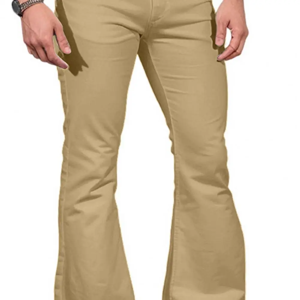 Stylish Men Flared Trousers Men's Vintage Flared Bell Bottom Jeans Solid Color Stretchy Slim Fit Mid-rise Trousers Harajuku