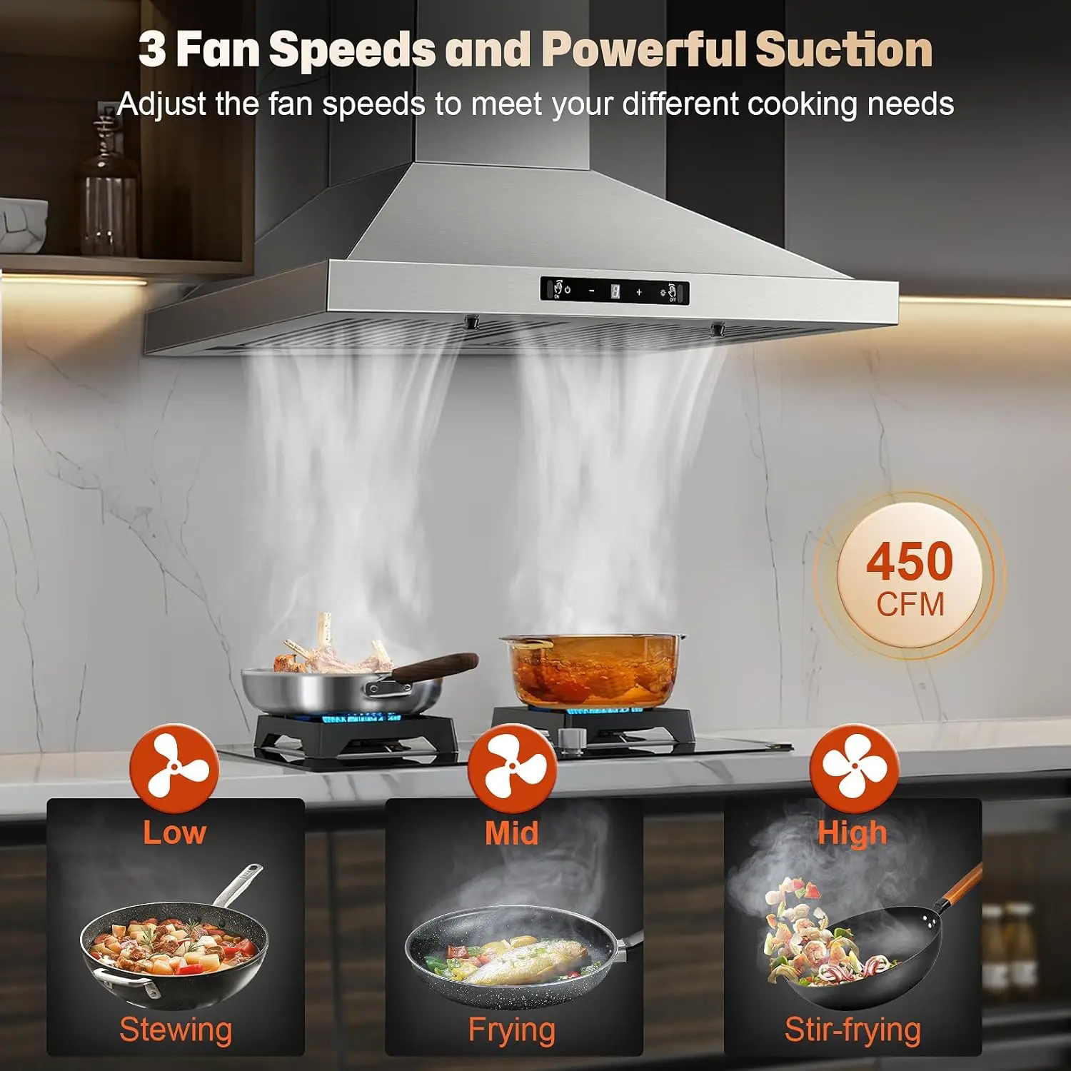 24/30 Inch Wall Mount 450CFM Stainless Kitchen Vent Gesture Sensing & Touch Control 3 Speed Range Hood 2