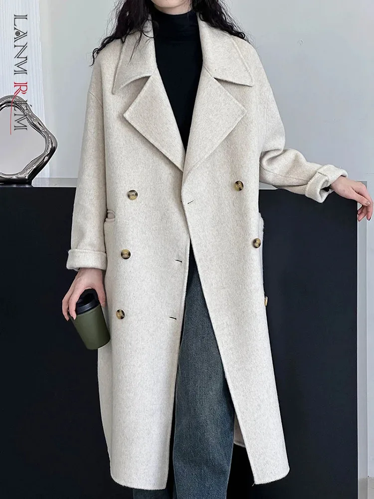 

[LANMREM] Solid Minimalism 100% Wool Coats For Women Double Breasted Warm Outwear Fashion Clothing 2023 Winter New 26D7542