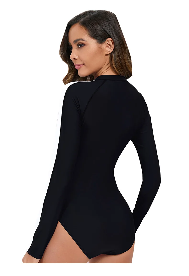 Women Long Sleeve Bathing Suit Wetsuit One-Piece Swimsuit Half-Zip Design Slim Fit Beach Surfing Swimwear Multiple Colors