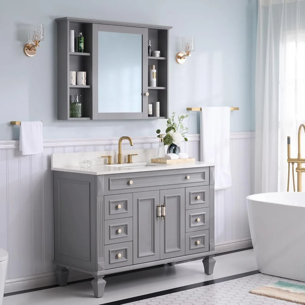 42x30" Wall Mounted Wood Bathroom Medicine Cabinet with Mirror