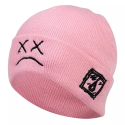 Hip - Hop Style Sad Expression Embroidered Woolen Beanie Hat (Pink)