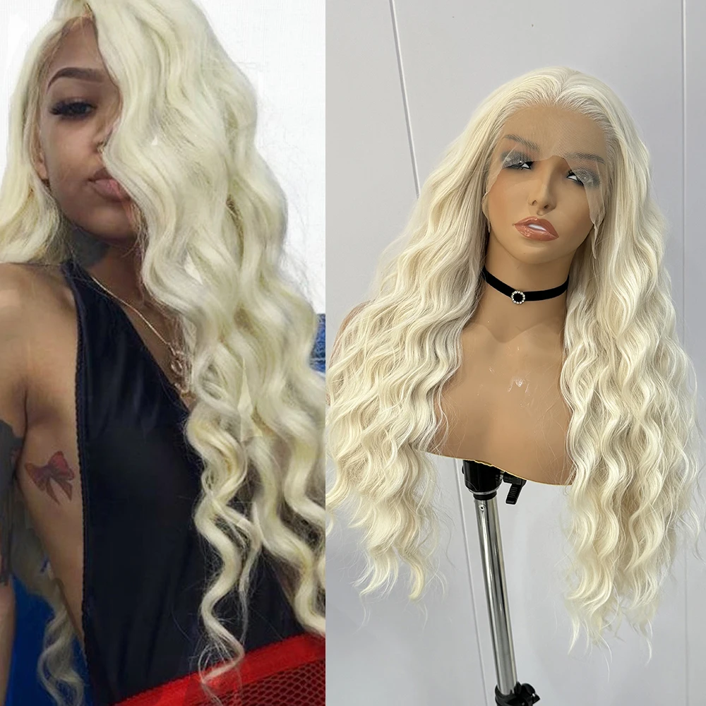 Lace Front Wig Synthetic Hair Wigs Synthetic Platinum Blonde Wig Lace Front Wigs Women Loose Curly Hair Heat Resistant Fiber Free Part Natural Wave Cosplay Wig