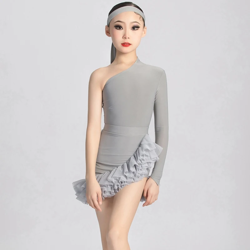 Kids Performance Dancing Costume Girls Single Sleeve Gray Latin Dance Dress  Stage Samba Chacha Rumba Salsa Dance Clothing SL9880 - AliExpress 200000532