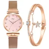 2PCS Set Women Watch Set Trendy Pink Design Mesh Belt Alloy Wristwatch Fashionable Timepiece Quartz Watch Lady 1