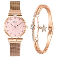 2PCS Set Women Watch Set Trendy Pink Design Mesh Belt Alloy Wristwatch Fashionable Timepiece Quartz Watch Lady 1