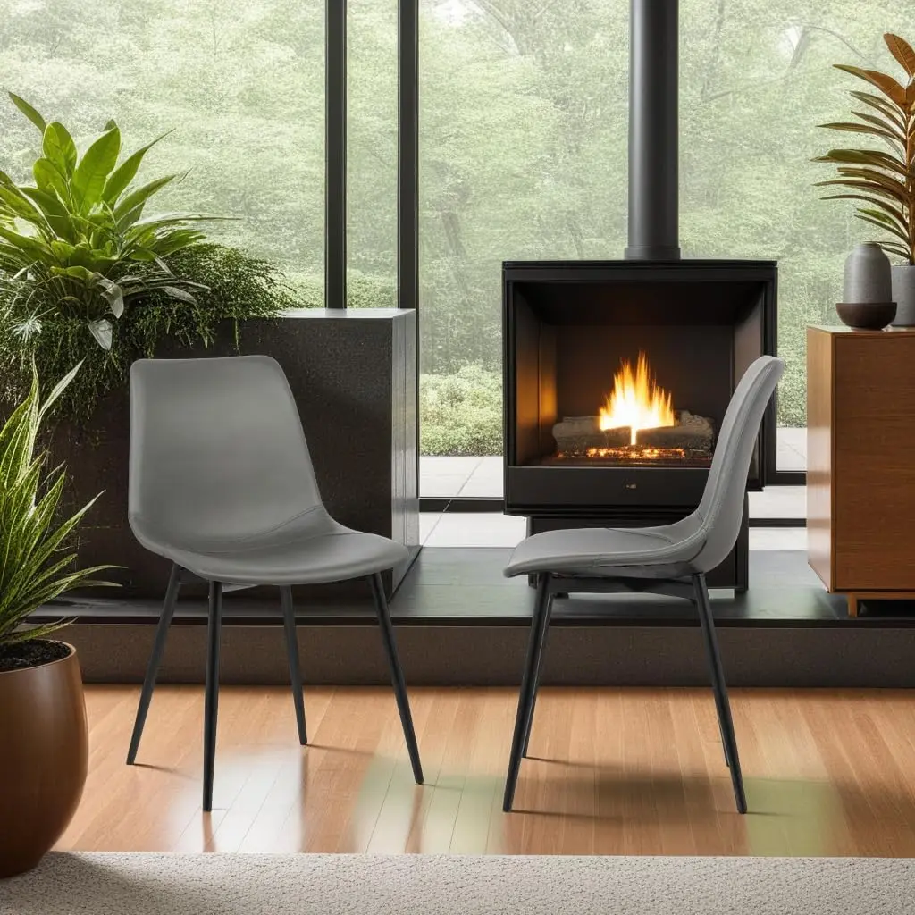 Monte Mid Century Modern Dining Accent Chair for Table Kitchen Desk Vanity in Charcoal Gray Faux Leather with Black Metal Legs