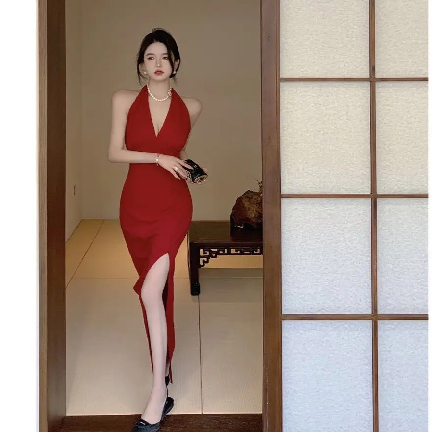 여성용 민소매 가슴 랩 맥시 드레스, 스플릿 딥 섹시 V넥 파티, 우아한 레드 이브닝 드레스, 여름 여성 패션 미니 로브