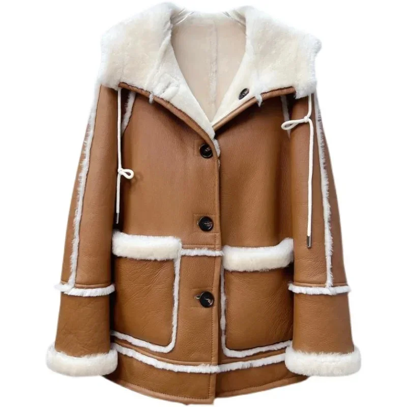 thumbnail image 1 of Chaqueta de piel de cordero auténtica para mujer, moda de doble cara, abrigos de piel de oveja merino de lujo de longitud media con capucha, 1 of 5