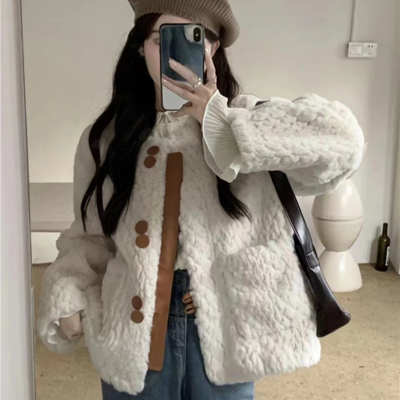 Xiaoxiangfeng Pink Fleece Coat Women's Autumn and Winter New French Advanced Feel Imitation Lamb Hair Coat  Winter Coat Women 2023 new women cotton coat winter jacket female xiaoxiangfeng thicken parkas horn button lamb wool outwear small fellow overcoat