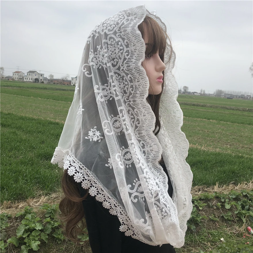 Women's Lace Catholic Bridal Veil Mantilla for Church Head Covering 3D Flower bridal accessories Mass Voile اكسسوارات الزفاف