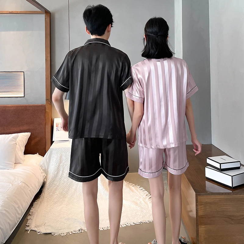 Dark Stripe Print Couple Cool Short Pajamas Suit Ice Silk Thin Casual Sleepwear Summer Shorts Lovers 2-piece Set Soft Homewear