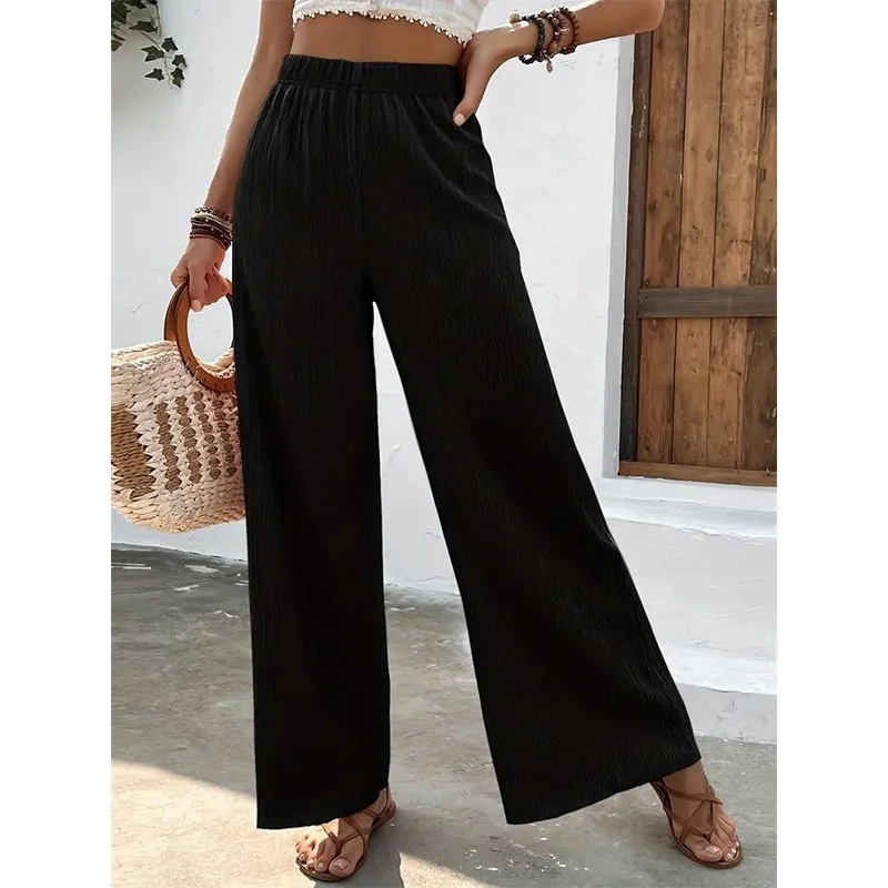 Women's Spring Autumn Distressed Versatile Casual Straight Pants Elastic Waist Solid Color Loose and Wrinkled Wide Leg Trousers