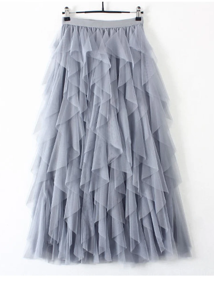 Tutu Tulle Long Maxi Skirt Women Fashion 2022 Korean Cute Pink High Waist Pleated Skirt Mesh Female Lady Aesthetic Faldas 5