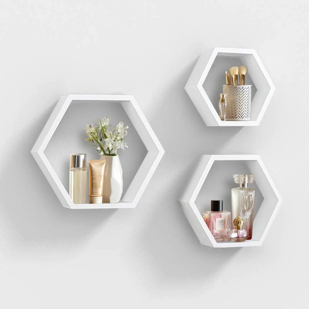 AHDECOR Wall Mounted Hexagon Floating Shelves, Wooden Wall Organizer Hanging Shelf for Home Decor, Set of 3, White