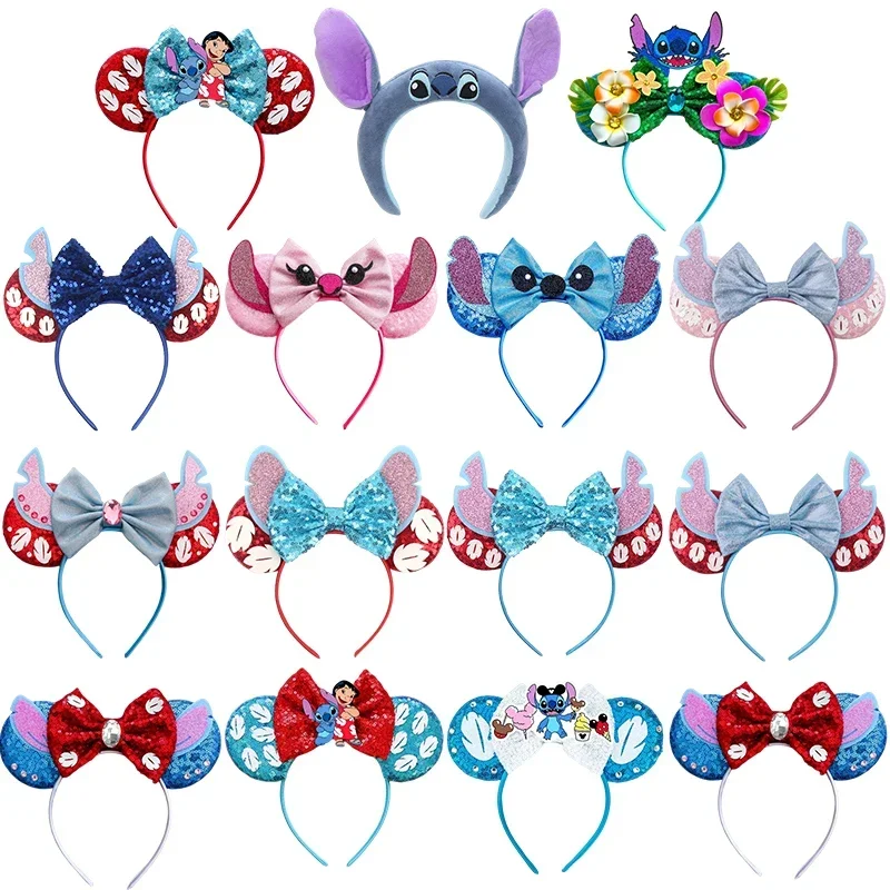 Disney Anime Lilo & Stitch Headbands Girls Leaves Sequins Headwear Kids Cosplay Angel Hair Accessories For Women Bow Hairbands