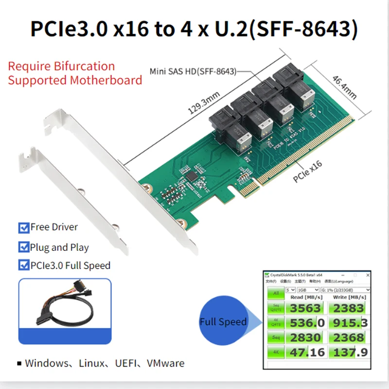 Placa de Expansão Não Bifurcação, SFF-8643, NVMe, Adaptador SSD para Placa-Mãe