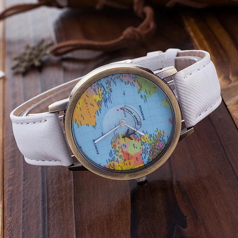 Hot Sale Mini World Fashion Quartz Watch Men Unisex Map Airplane Travel Around The World Women Leather Dress Wrist Watches